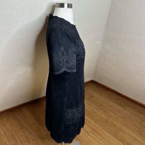 Zara Mini Dress Womens Small Black Micro Suede Cutout Floral Embroidery - Picture 5 of 8